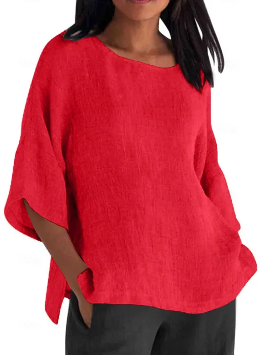 Online Women's Shirt Blouse Cotton Linen Shirts Solid Color Basic Casual 3/4 Length Sleeve Crew Neck Regular Tops Daily Grass Green Black White Light Green Pink Summer Women Shirts|Blouses & Shirts
