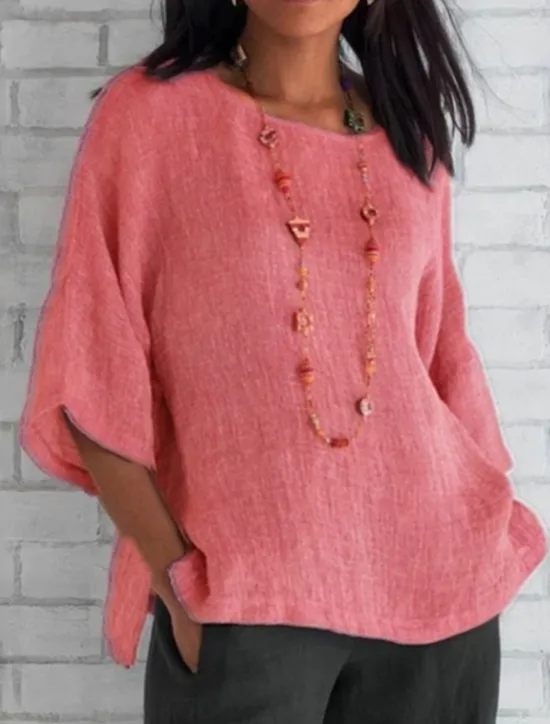 Online Women's Shirt Blouse Cotton Linen Shirts Solid Color Basic Casual 3/4 Length Sleeve Crew Neck Regular Tops Daily Grass Green Black White Light Green Pink Summer Women Shirts|Blouses & Shirts