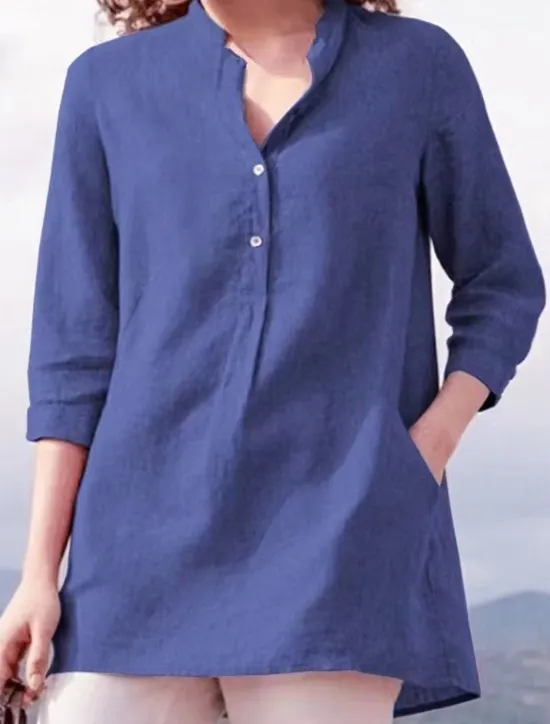 New Women's Shirt Blouse Cotton Linen Shirts Plain Casual 3/4 Length Sleeve V Neck Regular Tops Daily Buttons Pocket White Pink Gray Spring & Summer Women Shirts