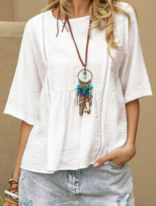 Sale Women's Shirt Blouse Cotton Linen Shirts Solid Color Basic Casual 3/4 Length Sleeve Crew Neck Regular Tops Daily Summer Spring Women Shirts