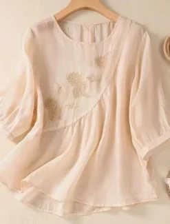 Discount Women's Shirt Blouse Cotton Linen Shirts Solid Color Basic Casual 3/4 Length Sleeve Crew Neck Regular Tops Daily Embroidered White Pink Blue Khaki Summer Spring Women Shirts