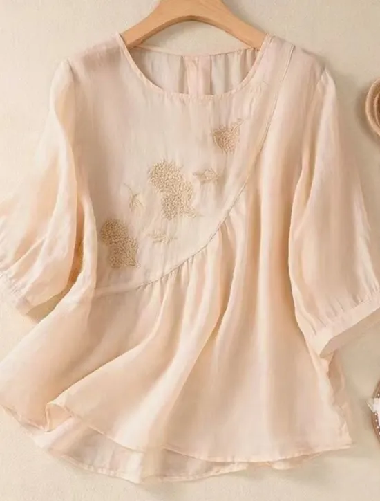 Discount Women's Shirt Blouse Cotton Linen Shirts Solid Color Basic Casual 3/4 Length Sleeve Crew Neck Regular Tops Daily Embroidered White Pink Blue Khaki Summer Spring Women Shirts