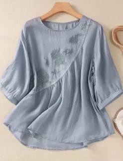 Discount Women's Shirt Blouse Cotton Linen Shirts Solid Color Basic Casual 3/4 Length Sleeve Crew Neck Regular Tops Daily Embroidered White Pink Blue Khaki Summer Spring Women Shirts