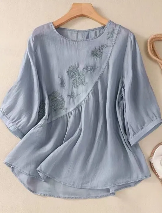 Discount Women's Shirt Blouse Cotton Linen Shirts Solid Color Basic Casual 3/4 Length Sleeve Crew Neck Regular Tops Daily Embroidered White Pink Blue Khaki Summer Spring Women Shirts