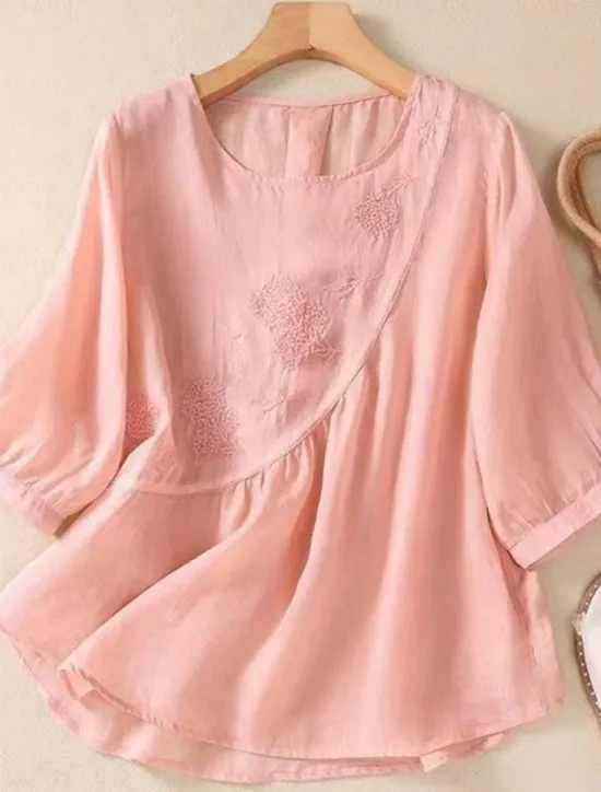 Discount Women's Shirt Blouse Cotton Linen Shirts Solid Color Basic Casual 3/4 Length Sleeve Crew Neck Regular Tops Daily Embroidered White Pink Blue Khaki Summer Spring Women Shirts