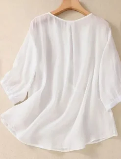 Discount Women's Shirt Blouse Cotton Linen Shirts Solid Color Basic Casual 3/4 Length Sleeve Crew Neck Regular Tops Daily Embroidered White Pink Blue Khaki Summer Spring Women Shirts