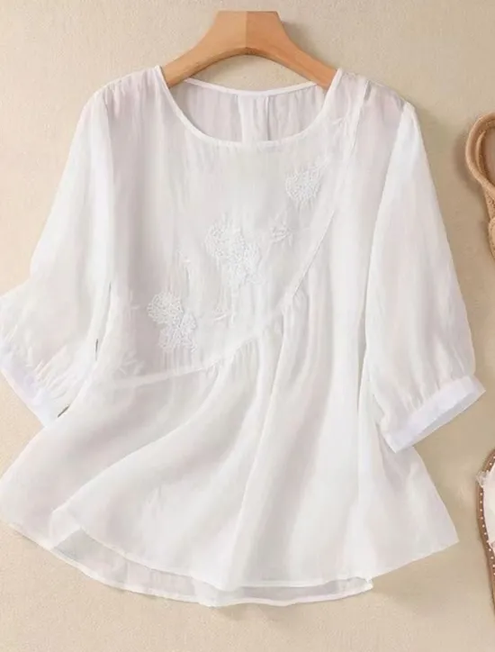 Discount Women's Shirt Blouse Cotton Linen Shirts Solid Color Basic Casual 3/4 Length Sleeve Crew Neck Regular Tops Daily Embroidered White Pink Blue Khaki Summer Spring Women Shirts