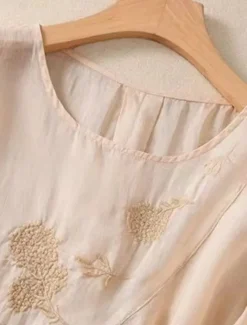 Discount Women's Shirt Blouse Cotton Linen Shirts Solid Color Basic Casual 3/4 Length Sleeve Crew Neck Regular Tops Daily Embroidered White Pink Blue Khaki Summer Spring Women Shirts