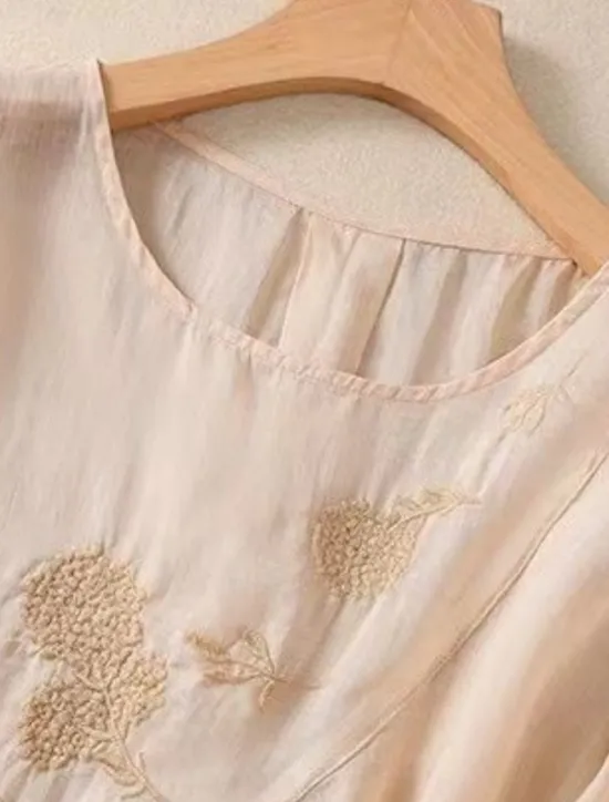 Discount Women's Shirt Blouse Cotton Linen Shirts Solid Color Basic Casual 3/4 Length Sleeve Crew Neck Regular Tops Daily Embroidered White Pink Blue Khaki Summer Spring Women Shirts