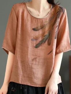 Hot Women's Shirt Blouse Cotton Linen Shirts Feather Basic Casual Half Sleeve Crew Neck Regular Tops Daily Print White Pink Green Khaki Summer Spring Women Blouses & Shirts|Shirts