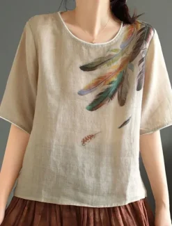Hot Women's Shirt Blouse Cotton Linen Shirts Feather Basic Casual Half Sleeve Crew Neck Regular Tops Daily Print White Pink Green Khaki Summer Spring Women Blouses & Shirts|Shirts