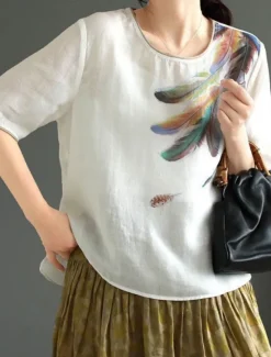 Hot Women's Shirt Blouse Cotton Linen Shirts Feather Basic Casual Half Sleeve Crew Neck Regular Tops Daily Print White Pink Green Khaki Summer Spring Women Blouses & Shirts|Shirts