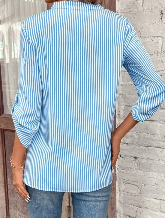 Sale Women's Shirt Blouse Dressy Tops Stylish Modern Striped Pocket 3/4 Length Sleeve Notched Neck Work Black Yellow Red Royal Blue Sky Blue Summer Spring Fall Women Blouses & Shirts