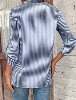 Sale Women's Shirt Blouse Dressy Tops Stylish Modern Striped Pocket 3/4 Length Sleeve Notched Neck Work Black Yellow Red Royal Blue Sky Blue Summer Spring Fall Women Blouses & Shirts
