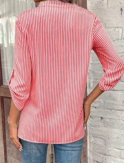 Sale Women's Shirt Blouse Dressy Tops Stylish Modern Striped Pocket 3/4 Length Sleeve Notched Neck Work Black Yellow Red Royal Blue Sky Blue Summer Spring Fall Women Blouses & Shirts