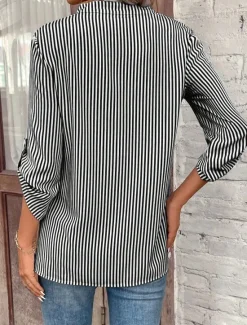 Sale Women's Shirt Blouse Dressy Tops Stylish Modern Striped Pocket 3/4 Length Sleeve Notched Neck Work Black Yellow Red Royal Blue Sky Blue Summer Spring Fall Women Blouses & Shirts