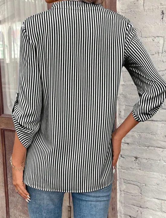 Sale Women's Shirt Blouse Dressy Tops Stylish Modern Striped Pocket 3/4 Length Sleeve Notched Neck Work Black Yellow Red Royal Blue Sky Blue Summer Spring Fall Women Blouses & Shirts