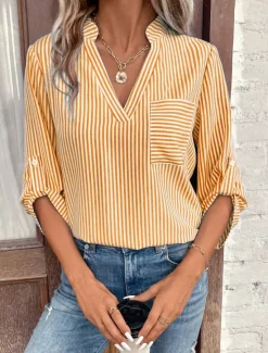 Sale Women's Shirt Blouse Dressy Tops Stylish Modern Striped Pocket 3/4 Length Sleeve Notched Neck Work Black Yellow Red Royal Blue Sky Blue Summer Spring Fall Women Blouses & Shirts
