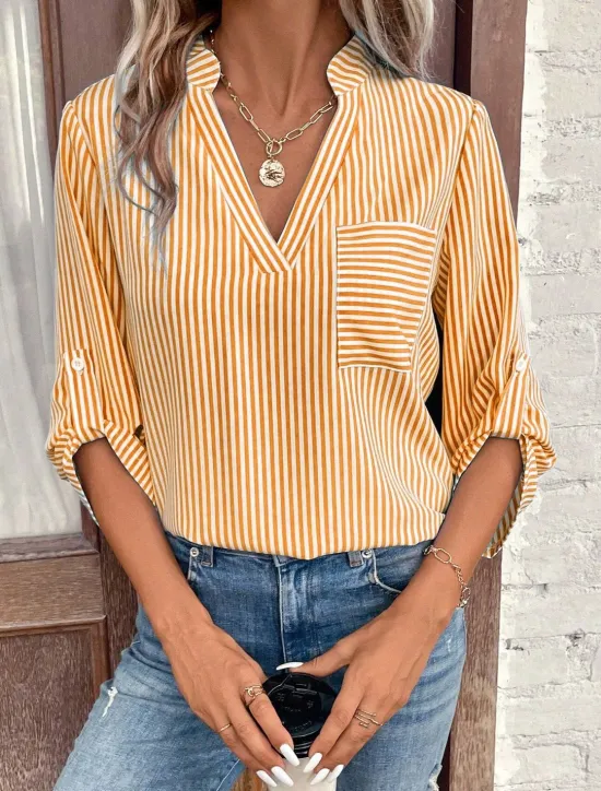 Sale Women's Shirt Blouse Dressy Tops Stylish Modern Striped Pocket 3/4 Length Sleeve Notched Neck Work Black Yellow Red Royal Blue Sky Blue Summer Spring Fall Women Blouses & Shirts