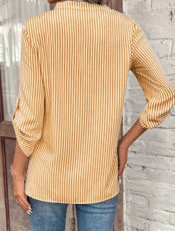Sale Women's Shirt Blouse Dressy Tops Stylish Modern Striped Pocket 3/4 Length Sleeve Notched Neck Work Black Yellow Red Royal Blue Sky Blue Summer Spring Fall Women Blouses & Shirts