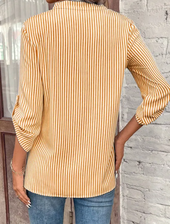 Sale Women's Shirt Blouse Dressy Tops Stylish Modern Striped Pocket 3/4 Length Sleeve Notched Neck Work Black Yellow Red Royal Blue Sky Blue Summer Spring Fall Women Blouses & Shirts