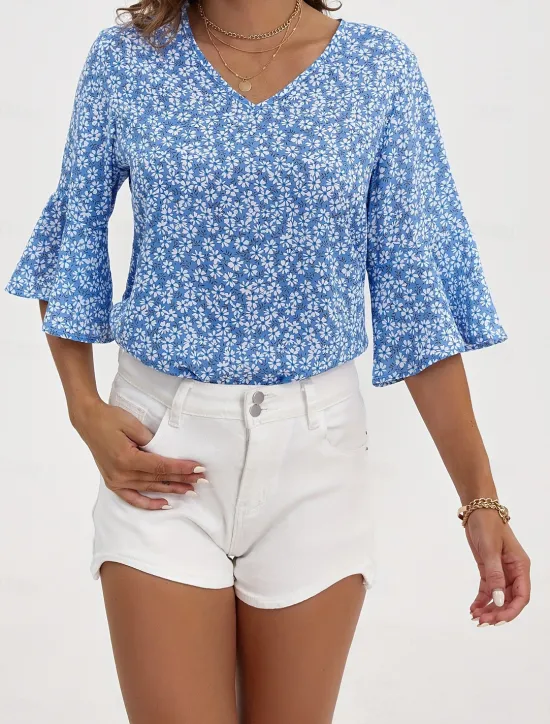 Best Women's Shirt Blouse Dressy Tops Floral Casual 3/4 Length Sleeve Bell Sleeve V Neck Regular Tops Vacation Daily Print Yellow Blue Green Spring & Summer Women Blouses & Shirts|Spring Tops