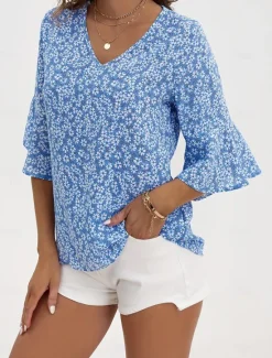 Best Women's Shirt Blouse Dressy Tops Floral Casual 3/4 Length Sleeve Bell Sleeve V Neck Regular Tops Vacation Daily Print Yellow Blue Green Spring & Summer Women Blouses & Shirts|Spring Tops