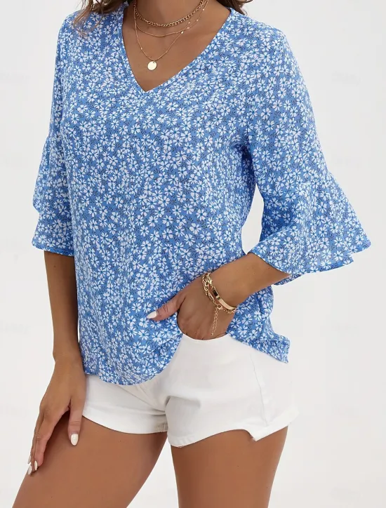 Best Women's Shirt Blouse Dressy Tops Floral Casual 3/4 Length Sleeve Bell Sleeve V Neck Regular Tops Vacation Daily Print Yellow Blue Green Spring & Summer Women Blouses & Shirts|Spring Tops