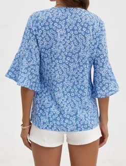 Best Women's Shirt Blouse Dressy Tops Floral Casual 3/4 Length Sleeve Bell Sleeve V Neck Regular Tops Vacation Daily Print Yellow Blue Green Spring & Summer Women Blouses & Shirts|Spring Tops