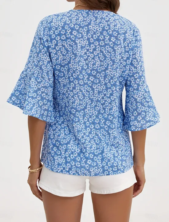 Best Women's Shirt Blouse Dressy Tops Floral Casual 3/4 Length Sleeve Bell Sleeve V Neck Regular Tops Vacation Daily Print Yellow Blue Green Spring & Summer Women Blouses & Shirts|Spring Tops