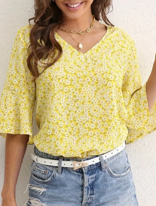 Best Women's Shirt Blouse Dressy Tops Floral Casual 3/4 Length Sleeve Bell Sleeve V Neck Regular Tops Vacation Daily Print Yellow Blue Green Spring & Summer Women Blouses & Shirts|Spring Tops