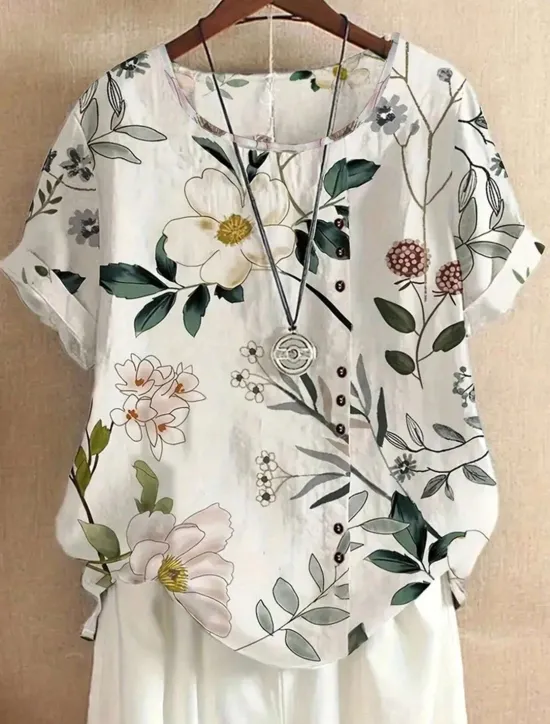 Women's Shirt Blouse Elegant Floral Print Short Sleeve Regular Tops Crew Neck Daily Linen Like Summer Women Blouses & Shirts