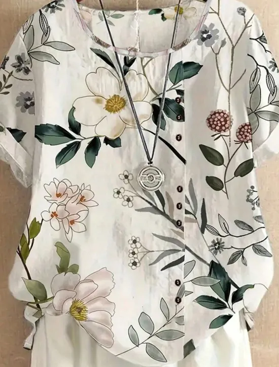 Women's Shirt Blouse Elegant Floral Print Short Sleeve Regular Tops Crew Neck Daily Linen Like Summer Women Blouses & Shirts