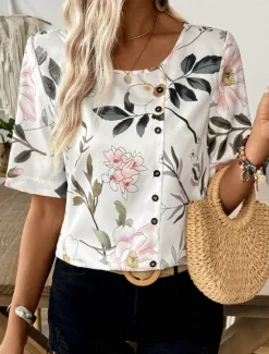 Women's Shirt Blouse Elegant Floral Print Short Sleeve Regular Tops Crew Neck Daily Linen Like Summer Women Blouses & Shirts