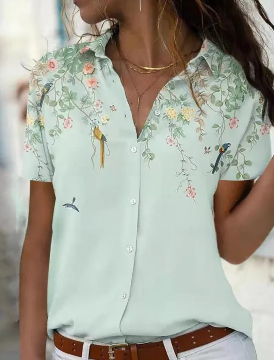 New Women's Shirt Blouse Fashion Floral Buttons Print Short Sleeve Regular Tops Shirt Collar Casual Holiday Pink Blue Green Summer Women Spring Tops