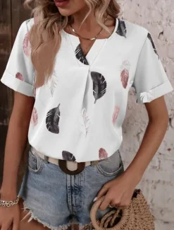 Hot Women's Shirt Blouse Feather Stylish Casual Short Sleeve Notched Neck Regular Tops Daily Print White Pink Summer Spring Women Boho Tops