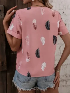 Hot Women's Shirt Blouse Feather Stylish Casual Short Sleeve Notched Neck Regular Tops Daily Print White Pink Summer Spring Women Boho Tops