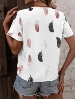 Hot Women's Shirt Blouse Feather Stylish Casual Short Sleeve Notched Neck Regular Tops Daily Print White Pink Summer Spring Women Boho Tops