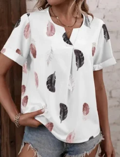 Hot Women's Shirt Blouse Feather Stylish Casual Short Sleeve Notched Neck Regular Tops Daily Print White Pink Summer Spring Women Boho Tops