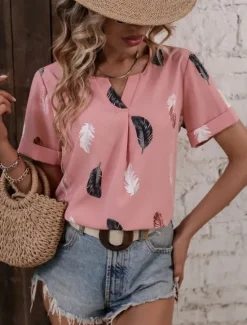 Hot Women's Shirt Blouse Feather Stylish Casual Short Sleeve Notched Neck Regular Tops Daily Print White Pink Summer Spring Women Boho Tops