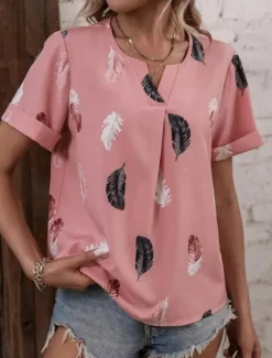 Hot Women's Shirt Blouse Feather Stylish Casual Short Sleeve Notched Neck Regular Tops Daily Print White Pink Summer Spring Women Boho Tops