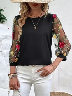 Hot Women's Shirt Blouse Floral Stylish Casual 3/4 Length Sleeve Crew Neck Regular Tops Daily Mesh Embroidered Print Black Navy Blue Summer Spring Women Spring Tops