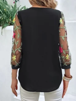 Hot Women's Shirt Blouse Floral Stylish Casual 3/4 Length Sleeve Crew Neck Regular Tops Daily Mesh Embroidered Print Black Navy Blue Summer Spring Women Spring Tops