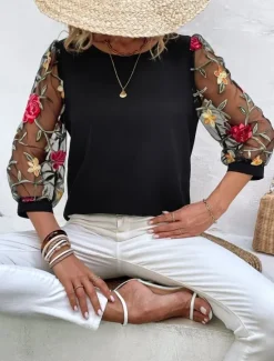 Hot Women's Shirt Blouse Floral Stylish Casual 3/4 Length Sleeve Crew Neck Regular Tops Daily Mesh Embroidered Print Black Navy Blue Summer Spring Women Spring Tops
