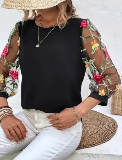 Hot Women's Shirt Blouse Floral Stylish Casual 3/4 Length Sleeve Crew Neck Regular Tops Daily Mesh Embroidered Print Black Navy Blue Summer Spring Women Spring Tops