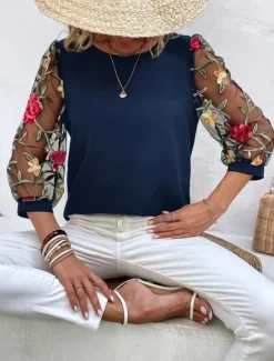 Hot Women's Shirt Blouse Floral Stylish Casual 3/4 Length Sleeve Crew Neck Regular Tops Daily Mesh Embroidered Print Black Navy Blue Summer Spring Women Spring Tops