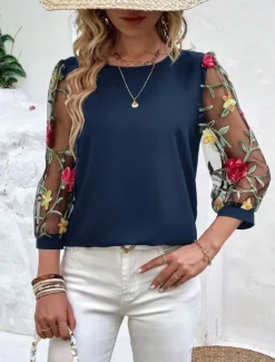 Hot Women's Shirt Blouse Floral Stylish Casual 3/4 Length Sleeve Crew Neck Regular Tops Daily Mesh Embroidered Print Black Navy Blue Summer Spring Women Spring Tops