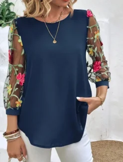 Hot Women's Shirt Blouse Floral Stylish Casual 3/4 Length Sleeve Crew Neck Regular Tops Daily Mesh Embroidered Print Black Navy Blue Summer Spring Women Spring Tops