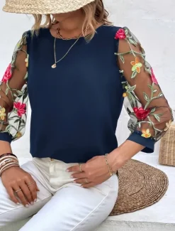 Hot Women's Shirt Blouse Floral Stylish Casual 3/4 Length Sleeve Crew Neck Regular Tops Daily Mesh Embroidered Print Black Navy Blue Summer Spring Women Spring Tops