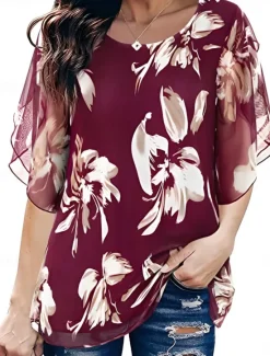 Discount Women's Shirt Blouse Floral Casual 3/4 Length Sleeve Crew Neck Regular Tops Daily Mesh Patchwork Print Black Wine Blue Summer Spring Women Spring Tops
